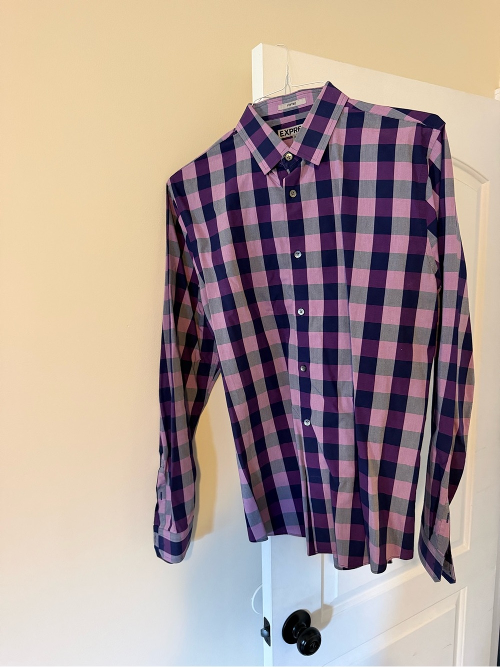 Express Men's Purple and Navy Check Button-Down Shirt